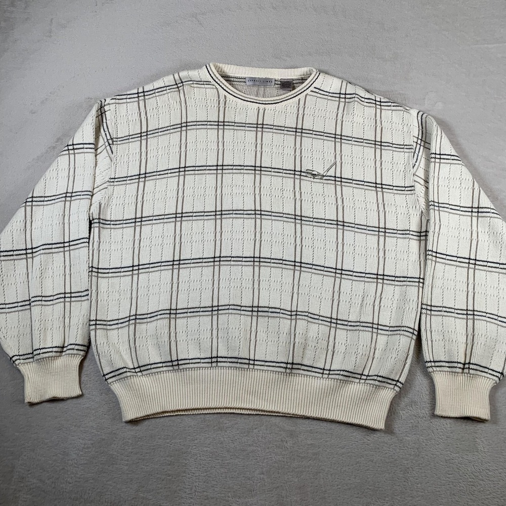Cypress Links Sweater Mens‎ Large White Gray Plaid Golf Club Embroidered USA 90s